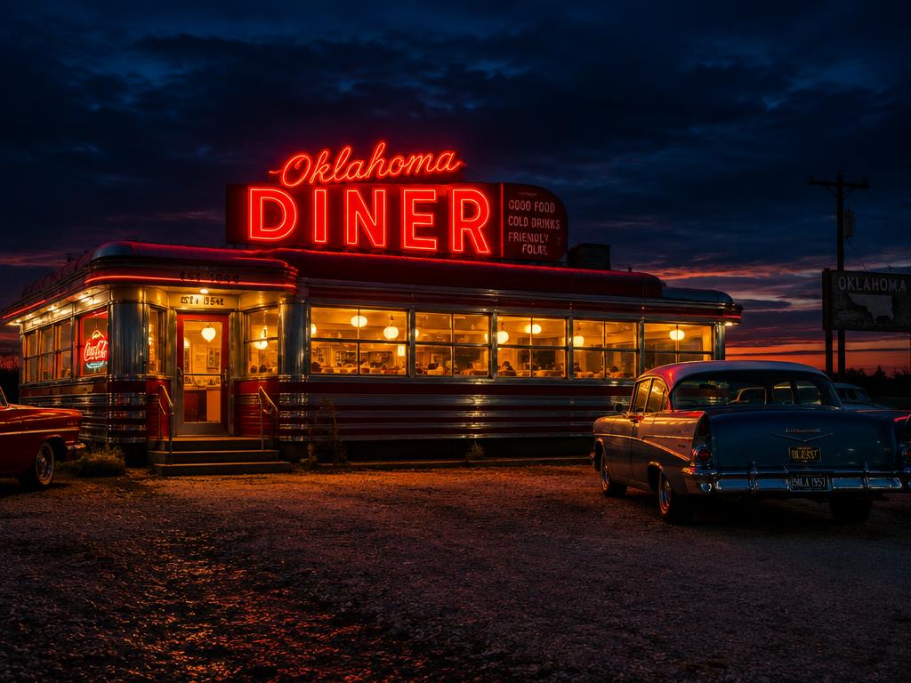 Vintage roadside diner glowing with red neon at dusk